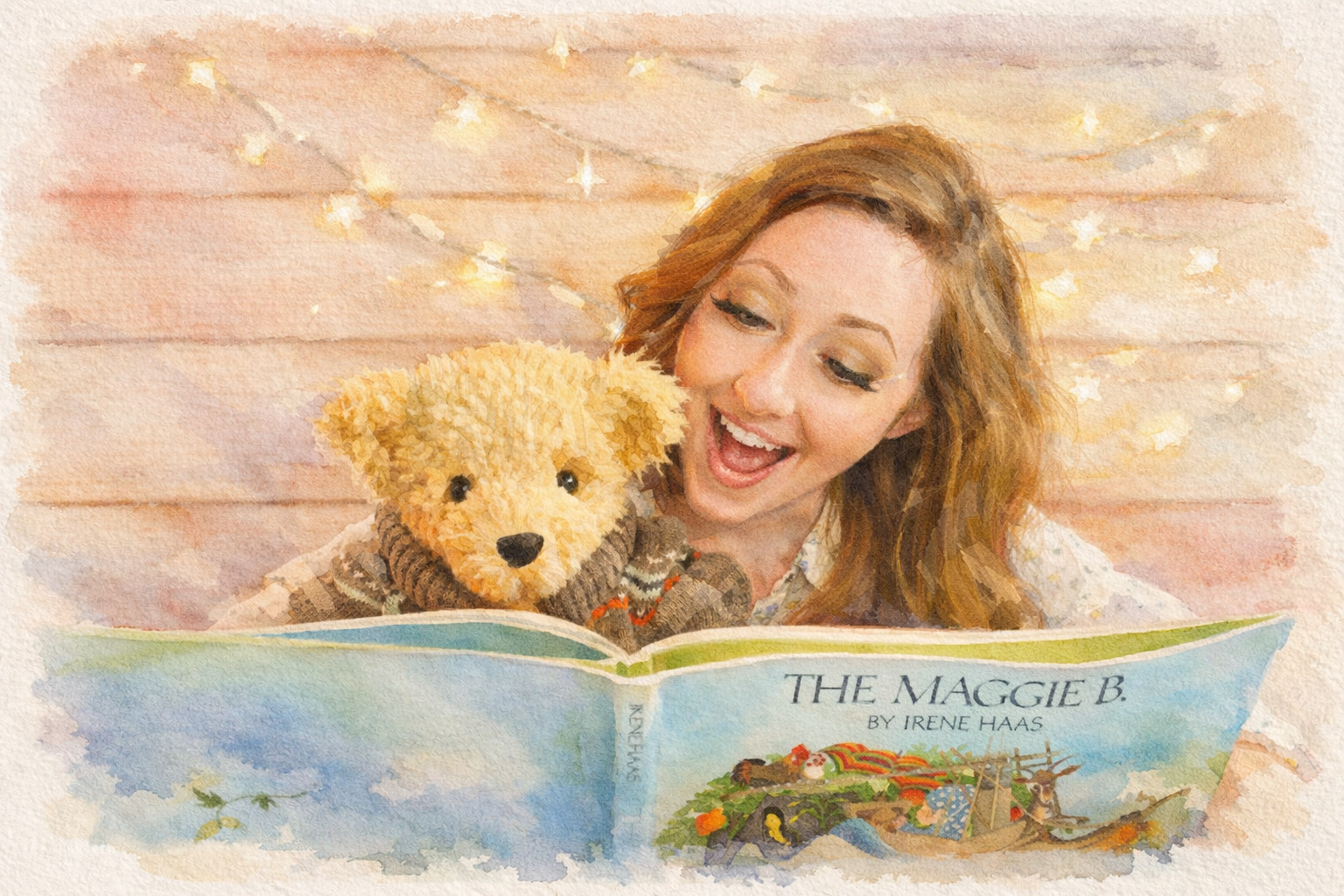 Aunt Claire and Bo the Bear reading together